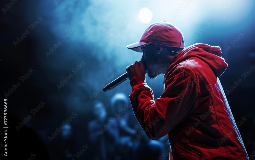 A dynamic rapper delivers a powerful performance on stage, illuminated by vibrant neon lights, captivating the audience with his rhythmic flow. - obrazy, fototapety, plakaty 