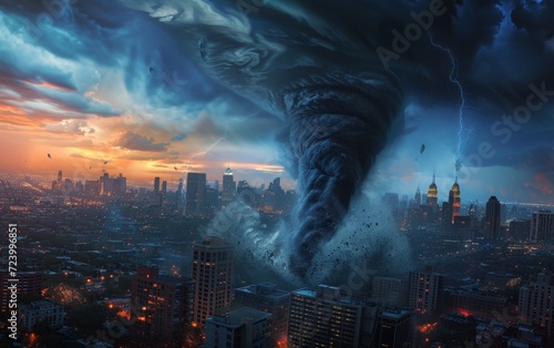 A large tornado wreaks havoc in the city, creating a scene of chaos and destruction. photo