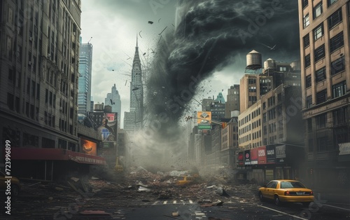 A dramatic scene of a tornado in a city, causing destruction and chaos amidst buildings and cars. photo