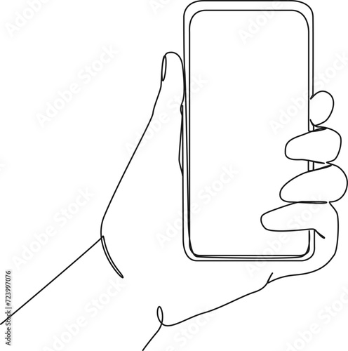 continuous single line drawing of hand holding smartphone, line art vector illustration
