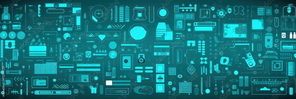 cyan abstract technology background using tech devices and icons