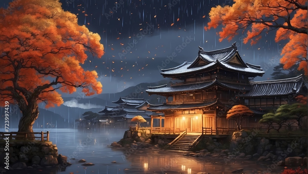 Obraz premium Beautiful japanese temple in the night rainy.Generative AI