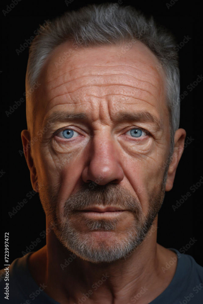 A close-up portrait of a mature man with striking features and a confident gaze, sporting a casual blue shirt and a silver hair A close-up portrait of a mature man with striking features and a confident gaze, sporting a casual blue shirt and a silver hair