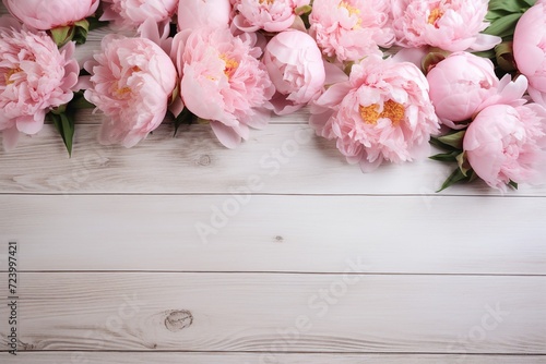 Pink peonies on white rustic wooden background © Rafiqul