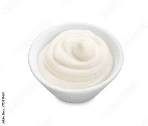 Tasty mayonnaise sauce in bowl isolated on white