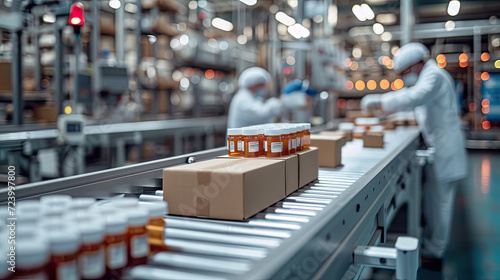 Conveyor belt in a food processing plant with packaged products and workers in hygiene outfits.