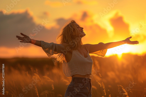 Woman in hay or grass field smiling with arms wide open during sunset, concept of freedom and hapiness