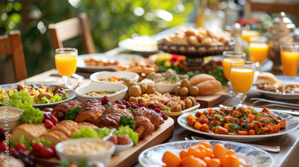 A lavish spread of brunch items, from pastries to fresh salads, on a sunny table