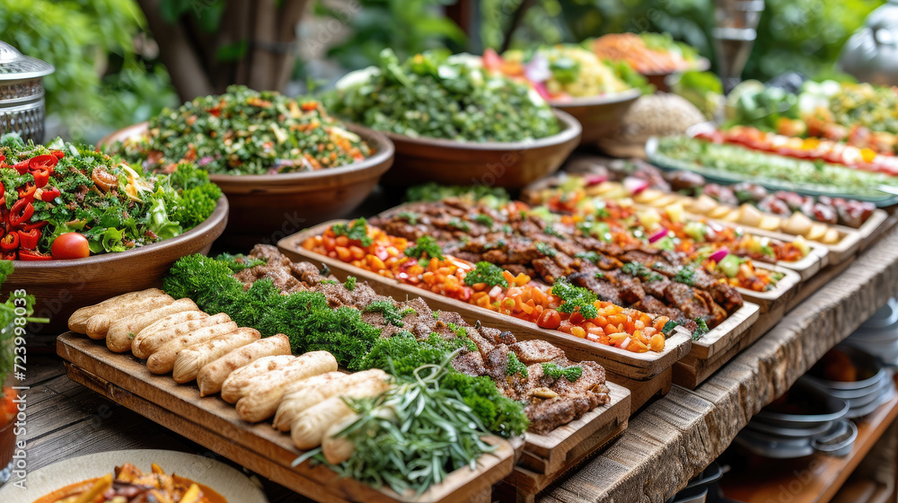 A rich selection of dishes at a buffet, showcasing a variety of fresh salads and mains.