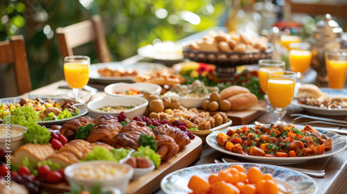 A lavish spread of brunch items  from pastries to fresh salads  on a sunny table