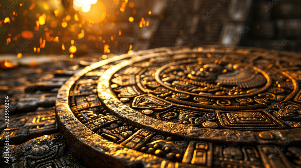Close-up of an ancient Mayan calendar, emphasizing the intricate art and historical significance. Close-up of an ancient Mayan calendar, emphasizing the intricate art and historical significance.