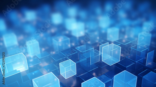 Translucent Hexagon Network: Abstract Digital Defensible cubes on a black ,technology block chain concept background,Blue Cubes Suspended In Space A Realistic 3d Render 