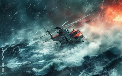 A red helicopter navigates through a turbulent storm, surrounded by powerful waves and heavy rain.