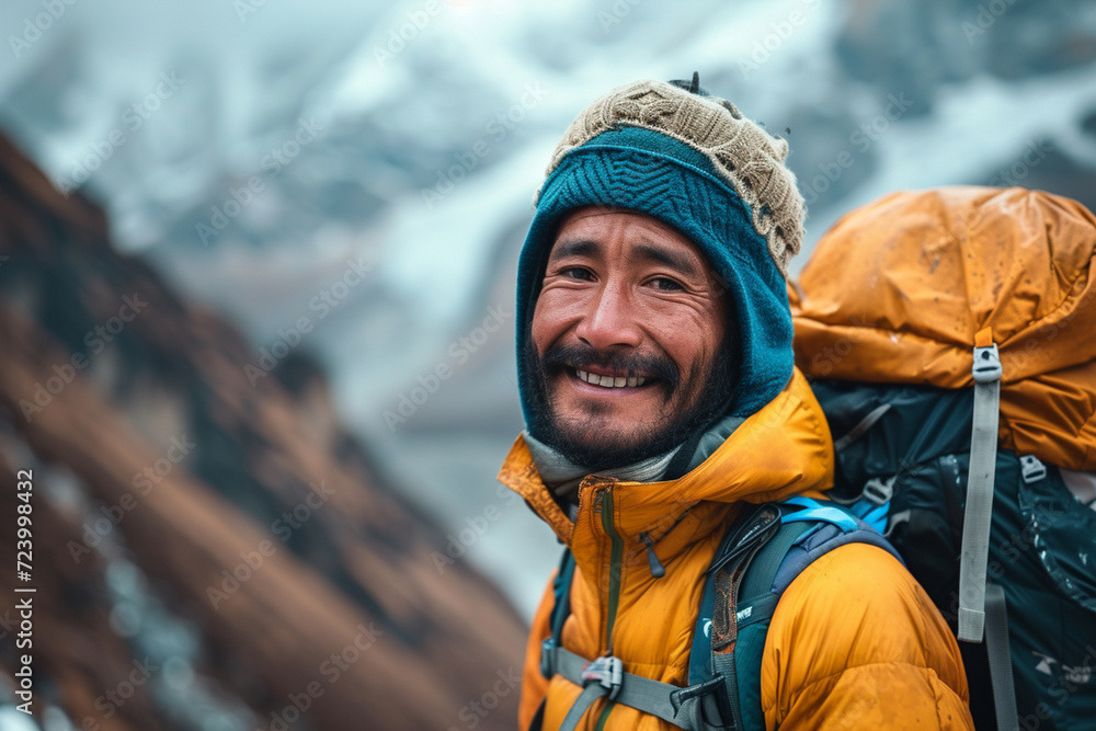 Portrait of hiker or climber smiling during mountain climb Portrait of hiker or climber smiling during mountain climb