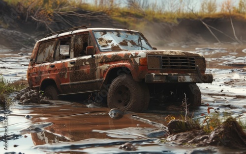 A muddy SUV stuck in a wet, muddy terrain, surrounded by greenery.