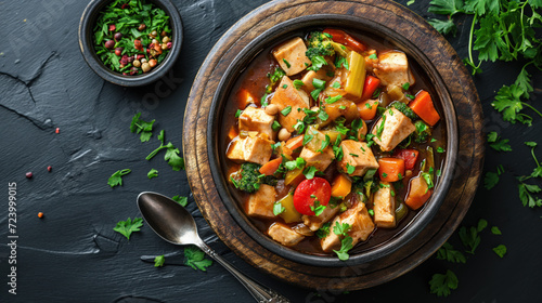 Savory homemade vegan stew with tofu, soy protein, and fresh vegetables, studio-lit food photography