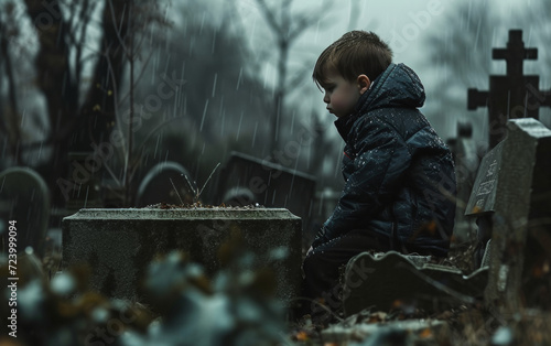 An emotional scene of a sad child sitting alone by a grave in a cemetery, mourning under the pouring rain.