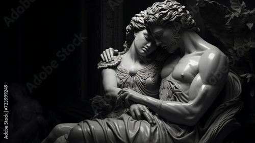 Statue of a woman and man. Black and white photo. © Nadezhda