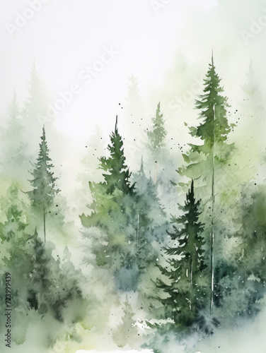 Watercolor Forest tree illustration  Woodland pine trees  Green Forest landscape  holiday  card  poster  print  transparent background  new year  generative AI