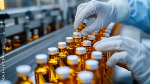 A professional pharmacist, wearing protective gloves, carefully selects medical vials from shelves, ensuring precision and quality in the pharmaceutical dispensary