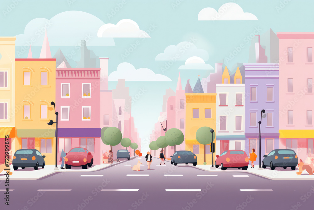 Fototapeta premium Urban Cityscape: A Busy Street in a Modern Town with Vibrant Architecture and Lush Tree-Lined Roads.