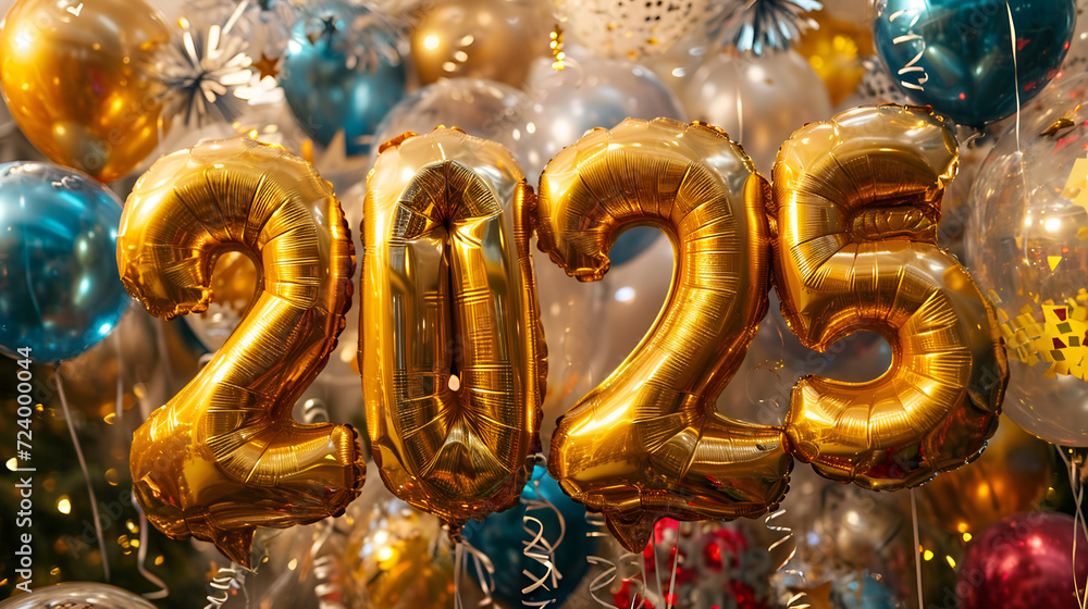 2025, Colorful Inflatable Balloons, Festive, Happy New Year, Celebration, Background, Backdrop, Banner, happy new year 2024 made out of balloons, Generative Ai