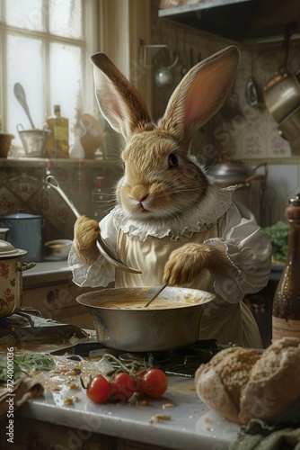 Funny animal, Rabbit Cooking in Vintage Kitchen Scene