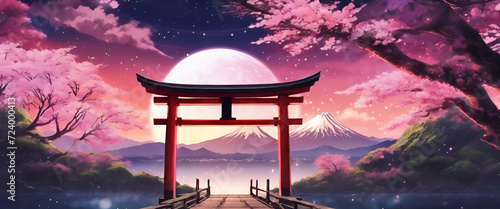 Colorful Vibrant Anime Torii Gate Japanese Landscape with Sakura and Galactic Sky Ultrawide Background