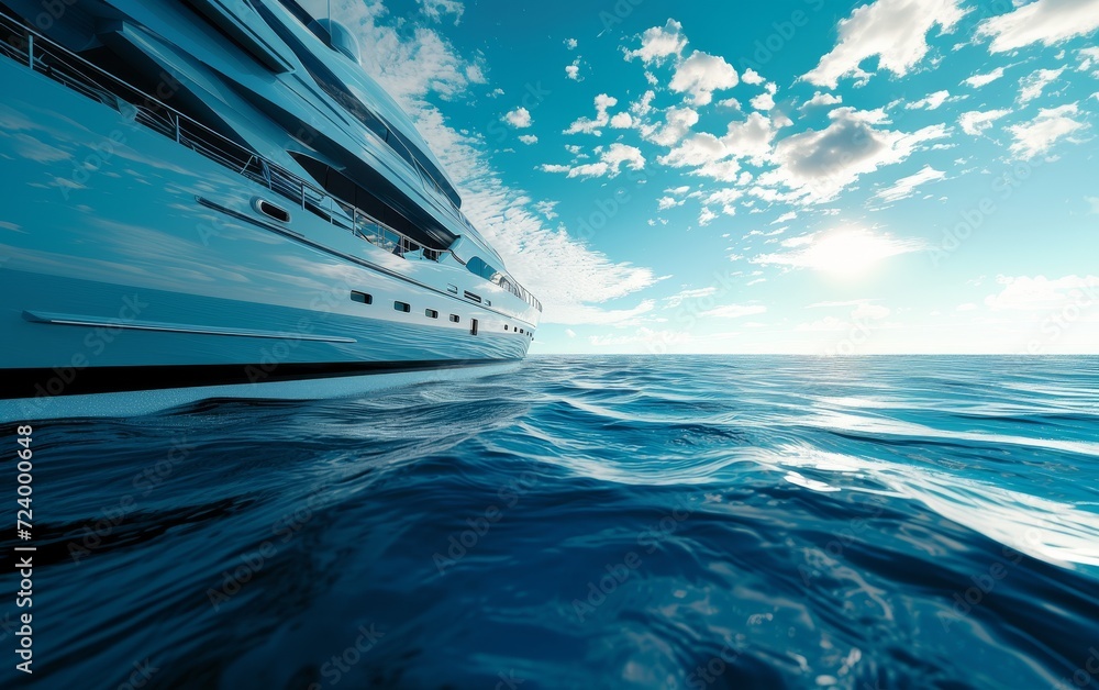 Luxury yacht sailing on the calm blue ocean under a sky with fluffy clouds and bright sunlight.