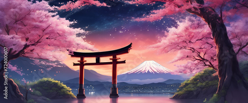 Colorful Vibrant Anime Torii Gate Japanese Landscape with Sakura and Galactic Sky Ultrawide Background