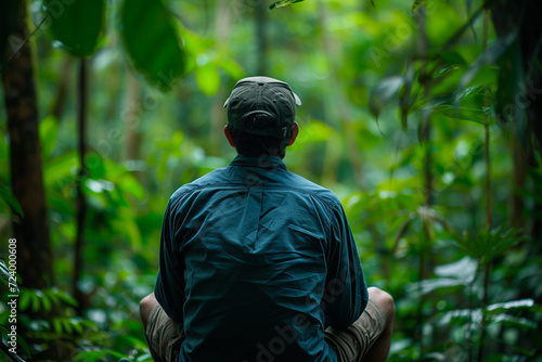 Hiker in green rainforest surrounded with plants and trees, concept of contemplation and being one with nature 