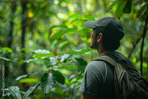 Hiker in green rainforest surrounded with plants and trees, concept of contemplation and being one with nature  photo