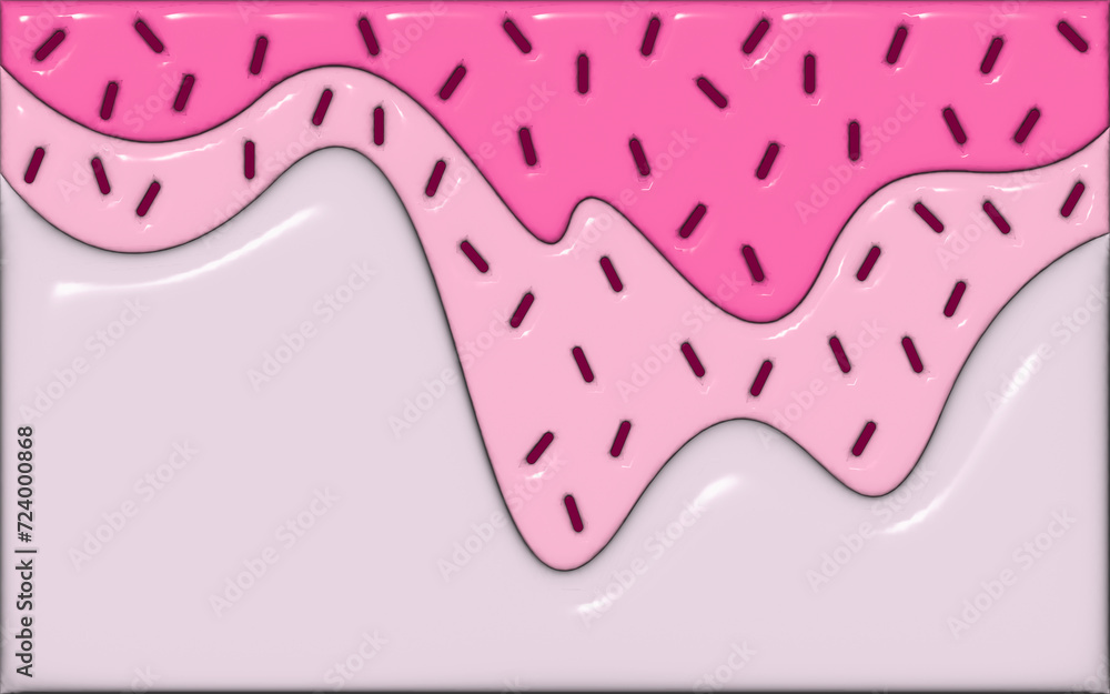3d pink melted ice cream with sprinkles background copy space. Glossy and wavy ice cream drip.  Suitable for presentation, cover, banner, catalog, flyer, leaflet, pamphlet, or brochure.