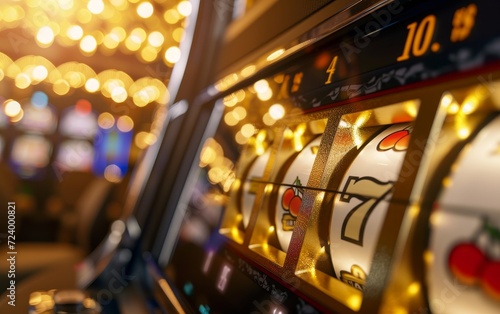 A vibrant slot machine's spinning reels, illuminated symbols, in a casino with bokeh lights.