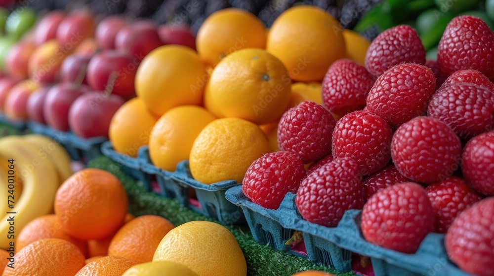 Fresh Fruit Display at Market, Vibrant Produce Arrangement, Colorful Fruits and Vegetables, Bountiful Selection of Fruits and Vegetables. Fresh Fruit Display at Market, Vibrant Produce Arrangement, Colorful Fruits and Vegetables, Bountiful Selection of Fruits and Vegetables.