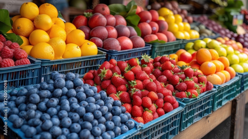 Fresh Fruit Display at Market, A Variety of Colorful Fruits, Bountiful Produce on a Table, Vibrant and Appetizing Fruit Arrangement. Fresh Fruit Display at Market, A Variety of Colorful Fruits, Bountiful Produce on a Table, Vibrant and Appetizing Fruit Arrangement.