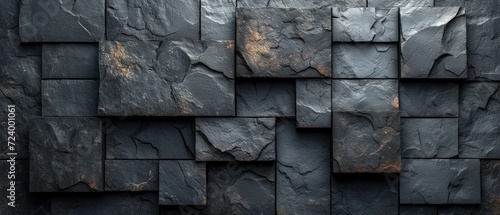 A Wall of Black Stone Tiles, An Artistic Display of Black Brickwork, A Unique Pattern of Black Stone Blocks, A Textured Arrangement of Black Stone Slabs.