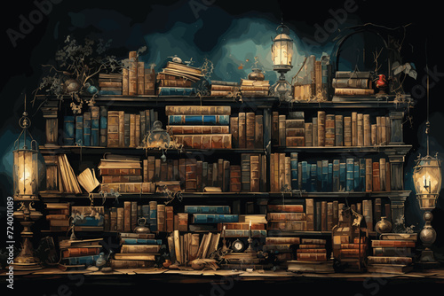 Old library with a lot of bookshelves, cabinet with many books digital illustration, magical archive of knowledge concept art
