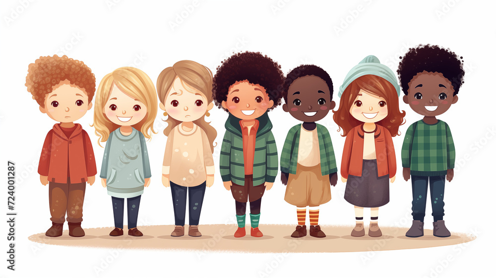 Diverse Group of Cartoon Children Smiling and Standing Together