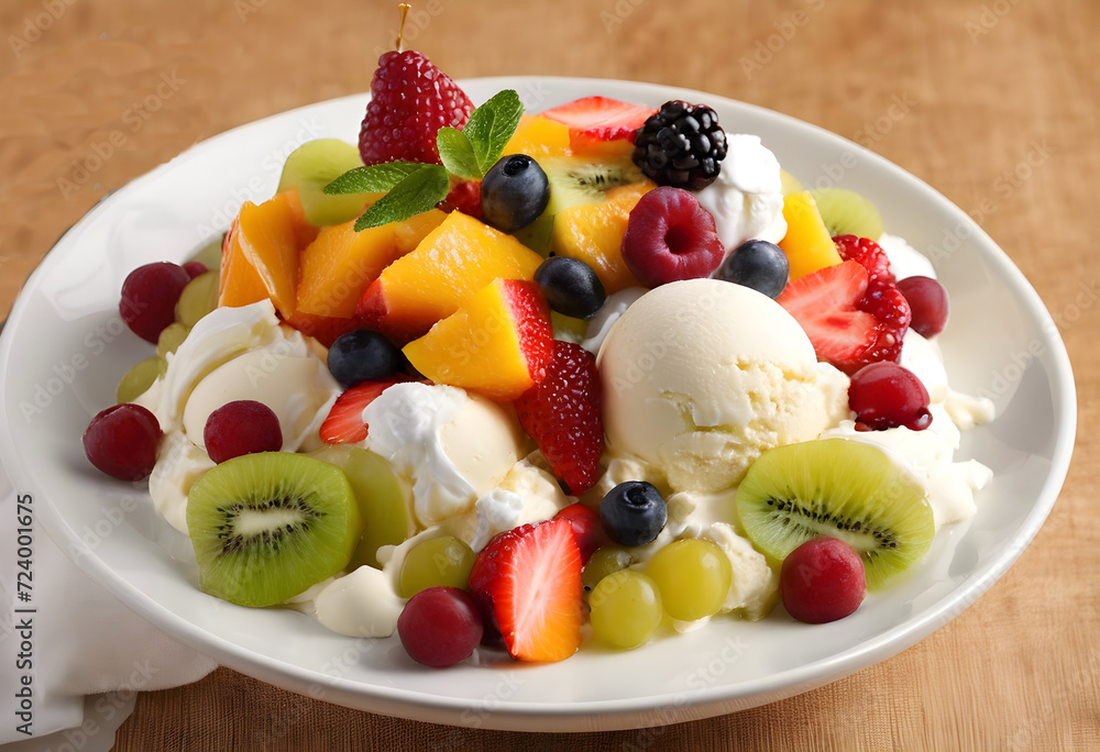 Irresistible Fruit Salad Delight: Topped with Delicious Ice Cream Irresistible Fruit Salad Delight: Topped with Delicious Ice Cream