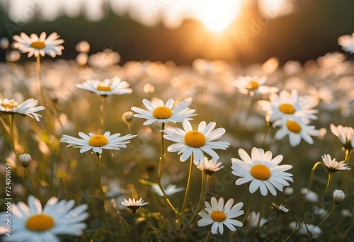 The grassy meadow is blurred, creating a warm golden hour effect during sunset and sunrise time. landscape of white daisy blooms in a field, with the focus on the setting sun