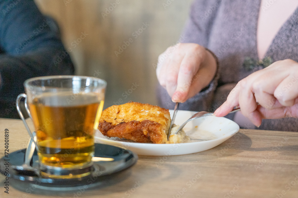 Easter torrija on a plate in a cafe Easter torrija on a plate in a cafe