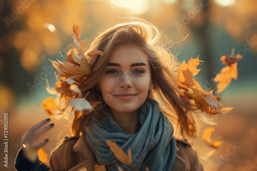 Attractive girl in autumn forest  orange leaves  portrait photography 