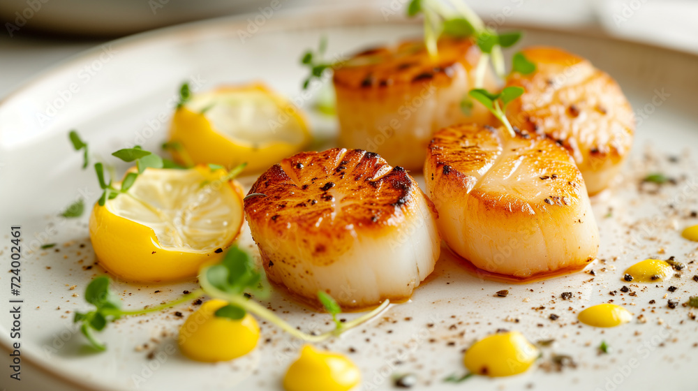 Triple Elegance on a Plate Golden Seared Scallop with Microgreens Triple Elegance on a Plate Golden Seared Scallop with Microgreens