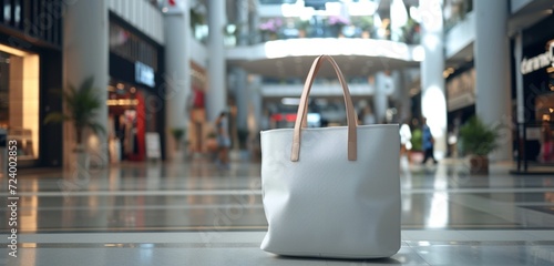 Unique circular tote bag, empty, stands out in a mall.