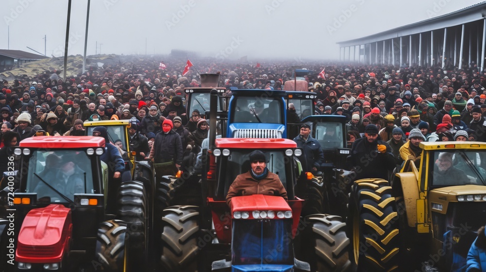 mass gathering with farmers on tractors showing unity and solidarity in protest. a symbol of general discontent and demands for change. Concept: social movements, agricultural policy and civil protest - obrazy, fototapety, plakaty 