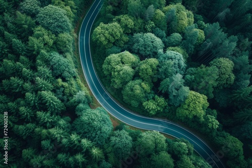 Amidst a lush green forest, a winding road beckons, flanked by towering trees, inviting you to venture into the great outdoors © Radomir Jovanovic