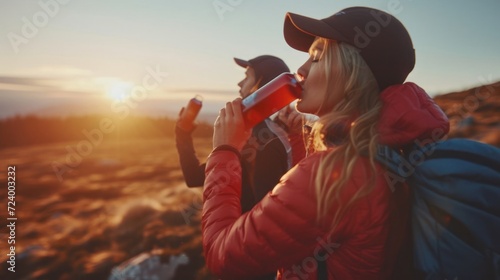 Woman Drinking From Red Bottle While Standing on Mountain Peak Generative AI
