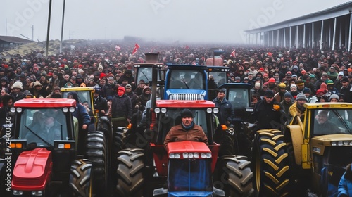 Obraz na płótnie mass gathering with farmers on tractors showing unity and solidarity in protest