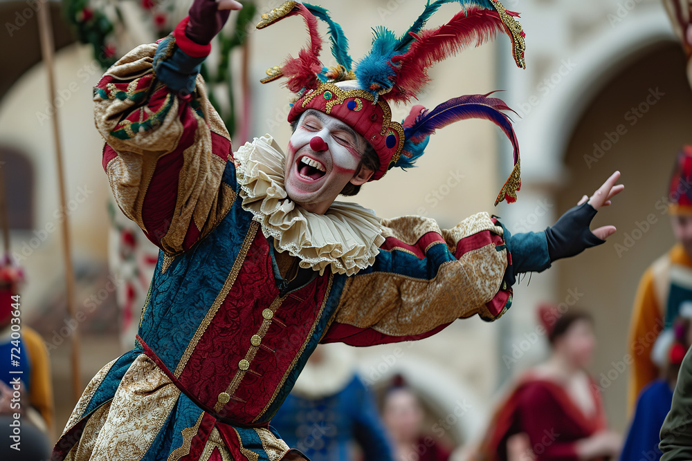 Show a medieval court jester performing in a royal court. The jester is entertaining nobles with humor - acrobatics - and music